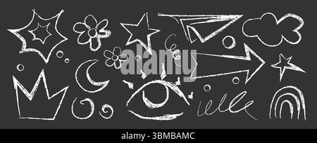 Forme di pastello. Disegni in gesso bianco sulla lavagna - stelle e fiori, luna e occhio, corona, frecce e nuvole, arcobaleno e piano di carta, vortici per l'educazione o per gli sfondi creativi dei bambini. Illustrazione Vettoriale