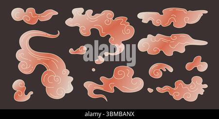 Collezione Red Japan cloud con i tradizionali motivi a turbolenza asiatici - forme decorative fumé con spirali curve e forme fluenti per il design orientale. Elementi in vapore stilizzato di classici motivi orientali Illustrazione Vettoriale