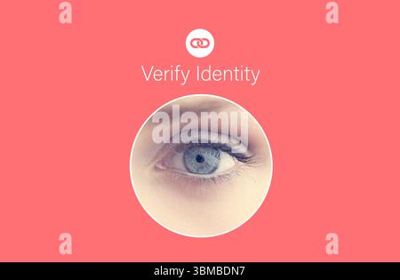 Il mockup dell'interfaccia utente mostra un occhio in primo piano in un cerchio bianco su sfondo corallino, icona di collegamento, verifica identità Foto Stock
