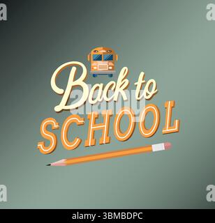 Il design piatto Back to School presenta il tipo, l'icona gialla dell'autobus e una matita su una sfumatura verde Foto Stock
