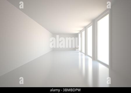 Il corridoio bianco minimalista si estende in un design piatto, caratterizzato da pavimento e finestre lucide Foto Stock
