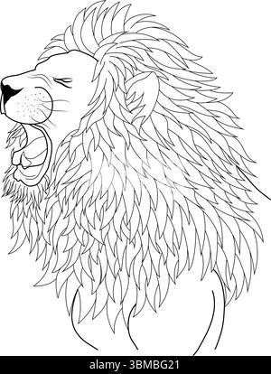 Una potente illustrazione in bianco e nero che cattura il profilo della testa di un leone ruggente. I dettagli intricati della criniera sono prominenti, e. Illustrazione Vettoriale