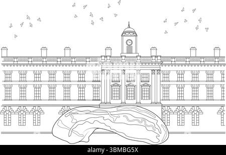 Dettagliata illustrazione in bianco e nero raffigurante Somerset House, un rinomato edificio neoclassico georgiano situato a Londra, Inghilterra. L'ima Illustrazione Vettoriale
