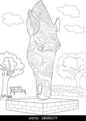 Disegno in bianco e nero con una scultura stilizzata della testa di cavallo che ricorda le opere d'arte di Still Waters. La scultura è adornata di elaborazione Illustrazione Vettoriale