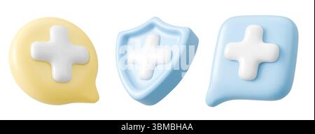 Collezione di icone di salute 3D - bianco più simboli su bolla gialla, scudo blu e quadrato arrotondato parlano nuvola per applicazioni mediche, siti web di assistenza sanitaria, marchio ospedaliero o progettazione di farmacie. Illustrazione Vettoriale