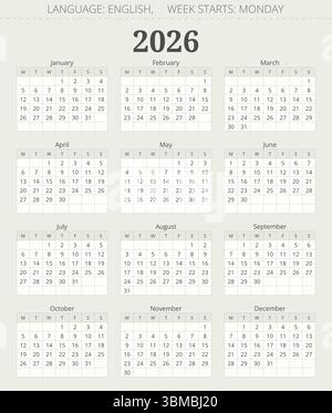 2026 anni di calendario vettoriale annuale in inglese. Illustrazione moderna. La settimana inizia lunedì Illustrazione Vettoriale