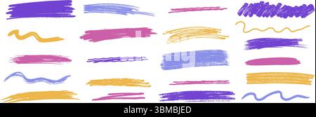 Set di sottolineatura multicolore gesso e pennello di scraper. Linee pastello disegnate a mano, squilli ed elementi evidenziati. Illustrazione vettoriale Illustrazione Vettoriale