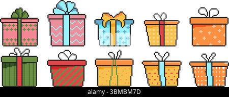 set di icone delle confezioni regalo a 8 bit. Oggetto pixel art. Grafica di gioco vintage Old School Illustrazione Vettoriale