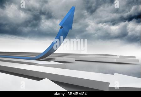 Freccia blu che punta contro il cielo Foto Stock