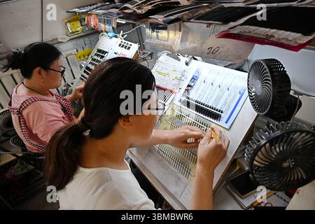 (250626) -- QINGDAO, 26 giugno 2025 (Xinhua) -- i lavoratori sono visti in una falsa base di produzione di ciglia nella città di Pingdu, Qingdao, nella provincia di Shandong, nella Cina orientale, 25 giugno 2025. Lo sviluppo della falsa industria delle ciglia a Pingdu iniziò negli anni '1970 Oggi, oltre 5.000 aziende e circa 60.000 dipendenti sono coinvolti nel settore locale. Ogni anno, circa 120 milioni di paia di ciglia false prodotte a Pingdu vengono vendute all'estero, portando un valore di produzione annuo di circa 10 miliardi di yuan (circa 1,4 miliardi di dollari). Negli ultimi anni, implementando politiche fiscali e fiscali mirate Foto Stock