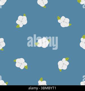 Motivo floreale in cotone bianco senza cuciture. Fiori di cotone bianco minimalista con foglie verdi su sfondo blu polveroso. Stile cartoni animati piatto, floreale senza cuciture Illustrazione Vettoriale