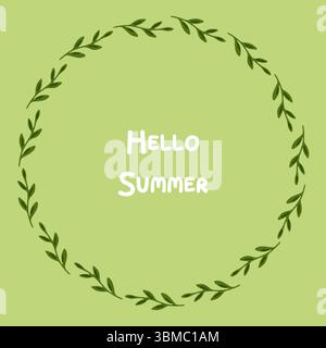 Telaio per ghirlanda a foglia verde piatta. Corona botanica circolare composta da foglie verde scuro su sfondo verde chiaro. Illustrazione piatta in stile cartone animato, ideale come Illustrazione Vettoriale