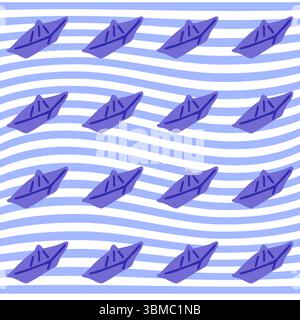 Modello estivo per imbarcazioni in carta senza cuciture. Barche di carta viola che galleggiano su sfondo blu ondulato e a strisce bianche. Cartoni animati piatti, design a ripetizione senza interruzioni. Illustrazione Vettoriale