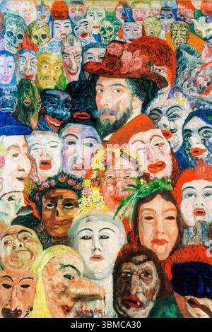 James Ensor (1860-1949), Autoritratto con maschere, pittura ad olio su tela, 1899 Foto Stock