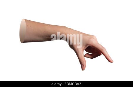 Gesto della mano con pollice e indice che pizzicano oggetti di grandi dimensioni invisibili. Mano femminile che mostra misurazioni, impugnatura e movimenti precisi. ISO Foto Stock