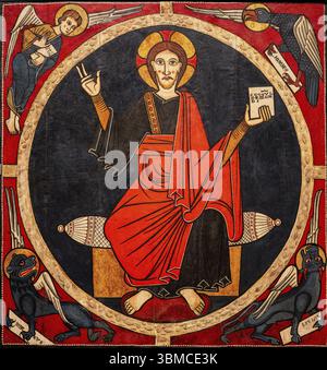 Baldacchino Tost, 1220, tempera, rilievi in stucco und Ueberreste von roten metallischen Blaettern auf Holz, romanische Kirche von Sant Marti de Tost, Ribera Foto Stock