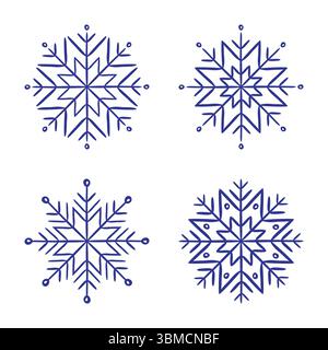Set di icone del fiocco di neve natalizio. Contorno del contorno dell'inchiostro del marcatore blu, schizzo del doodle linea di traccia del blob disegnata a mano. Collezione di ornamenti natalizi, Capodanno Illustrazione Vettoriale