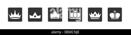 Set vettoriale Crown icons con disegni reali per i simboli di re, regina e tiara. Ideale per design di lusso, royalty, logo, branding ed eleganti grafici. Illustrazione Vettoriale