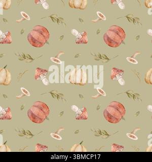 Motivo di zucche acquerelli, funghi, rami e foglie. Illustrazione del raccolto autunnale disegnata a mano. Stampa senza cuciture su sfondo verde pastello per Foto Stock