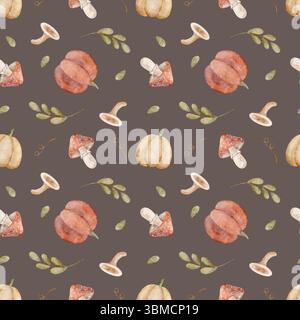 Motivo di zucche acquerelli, funghi, rami e foglie. Illustrazione del raccolto autunnale disegnata a mano. Stampa senza cuciture su sfondo marrone scuro per Foto Stock