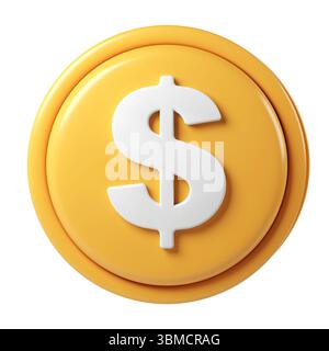 icona di rendering 3d di una grande moneta d'oro per il pagamento del finanziamento con un simbolo bianco del dollaro, isolata su sfondo trasparente Foto Stock