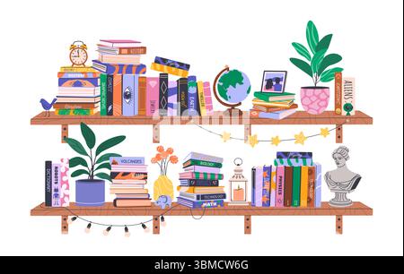 Pile di libri sugli scaffali. Biblioteca di casa. Illustrazione Vettoriale