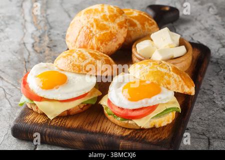 Panini con spuntini cinesi a base di bolo bao Bun con uova fritte, burro, pomodori, formaggio primo piano su tavola di legno. orizzontale Foto Stock