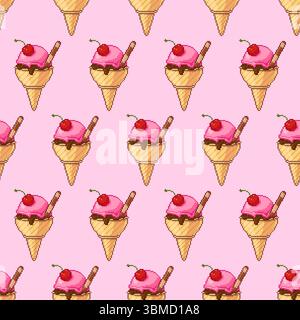 Motivo vettoriale senza cuciture di coni da gelato pixel art con rivestimento in ciliegia e bastoncino di wafer. Design da dessert retrò su sfondo rosa. Ideale Illustrazione Vettoriale