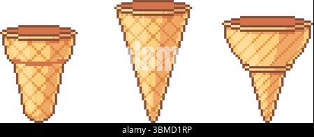 Set di coni per gelato a cialda vuoti, vettore pixel art Illustrazione Vettoriale