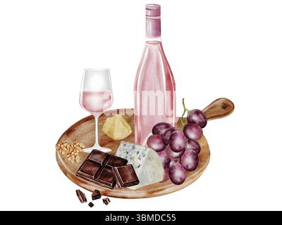 Bicchiere di vino, uva e formaggio acquerello. Bevanda alcolica rosa disegnata a mano. Clip art della bevanda. Ideale per manifesti pubblicitari di bar e ristorante Foto Stock