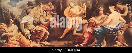 VOUET, Simon (B. 1590, Parigi, d. 1649, Parigi) Parnaso o Apollo e le Muse c. 1640 olio su tavola, 88 x 221,5 cm Museo di Belle Arti, Budapest il dipinto faceva parte di una serie eseguita per le decorazioni, gli altri pannelli (Urania e Calliope; Polimnia; Euterpe) sono in musei francesi e tedeschi. Apollo Musagetes, il leader delle Muse, ricopre il suo ruolo in questo dipinto come un "kitharodos" o un cantante accompagnato da una kithara. Sta suonando una lira finemente arcuata a sei corde con una scatola sonora molto piccola, proprio come quella immaginata fin dai primi Rinascimenti per assomigliare allo strumento Foto Stock