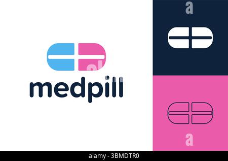 Disegno del logo della farmacia della pillola medica. Disegno del logo della pillola della capsula medica. Modello di disegno del logo Pill Plus. Illustrazione Vettoriale