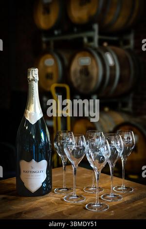 Una bottiglia di vino frizzante inglese Hattingley Valley Blanc de Blancs, elegantemente esposto insieme a sei bicchieri da vino di marca in una sala di degustazione rustica. Foto Stock