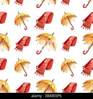 Illustrazione senza cuciture degli abiti autunnali. Calze disegnate a mano in acquerello, ombrello sciarpe, libri su sfondo bianco. Da utilizzare per poster, stampe e cartoline Foto Stock