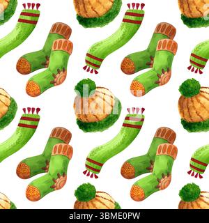 Illustrazione dei vestiti autunnali senza cuciture. Maglioni, calze, sciarpe e accessori disegnati a mano in acquerello su sfondo bianco. Foto Stock