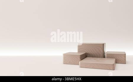 Un'esposizione di prodotti con rendering 3D pulita e moderna caratterizzata da semplici cubi geometrici in legno. Ideale per mostrare prodotti in negozi online e pubblicità Foto Stock