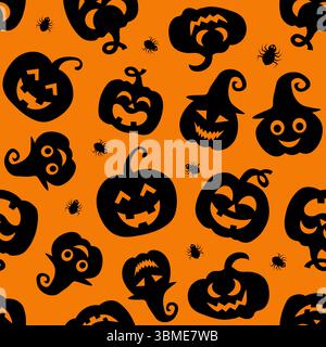 Motivo senza cuciture con jack-o-lanterne sorridenti e cappelli da strega su sfondo arancione per decorazioni natalizie Illustrazione Vettoriale