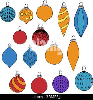 Icone delle palle di Natale, set isolato. Illustrazione dell'inchiostro con linee grafiche vettoriali. Palle di Natale, scarabocchi d'inchiostro, baule natalizie o giocattoli natalizi, engravi Illustrazione Vettoriale