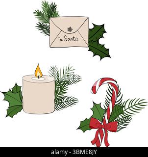 Composizione natalizia. Illustrazione dell'inchiostro con linee grafiche vettoriali. Per feste natalizie decorative, inviti di Capodanno o biglietti di auguri. per il pacchetto Illustrazione Vettoriale