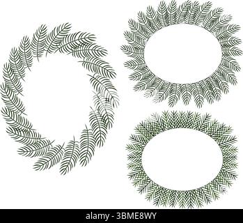 Modello set cornice ovale rami albero di Natale. Illustrazione dell'inchiostro con linee grafiche vettoriali. Ghirlande ornamentali di pino natalizio Evergreen. per pacchetto, vacanza d Illustrazione Vettoriale