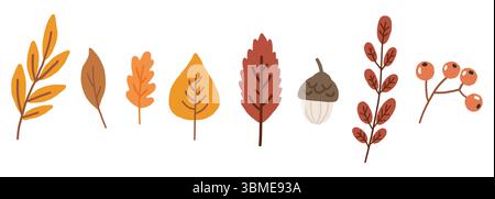 Elementi autunnali illustrazioni a doodle, foglie colorate autunnali, set accogliente in autunno Illustrazione Vettoriale