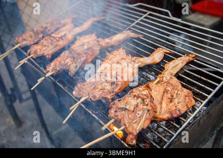 Pollo alla griglia con spiedini su carbone caldo, preparazione per barbecue per fumatori Foto Stock