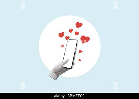 Smartphone con la mano della statua. Collage digitale con Un'interazione con il cuore su uno smartphone, che rappresenta il coinvolgimento dei social media e Connectiv Foto Stock