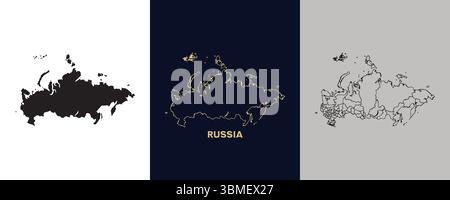 Russia immagine modificabile astratta con illustrazione vettoriale della mappa di schizzo, in nero, oro Illustrazione Vettoriale