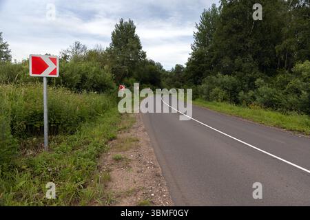 Una strada tortuosa circondata da vegetazione lussureggiante e segnata da luminosi segnali stradali che indicano una curva. Adatto per l'illustrazione del trasporto, rur Foto Stock
