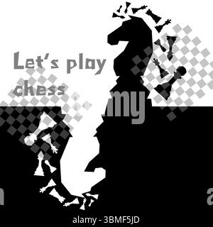 Sfondo scacchistico bianco e nero. Disegno del volantino per sfondo a scacchi illustrativo. Post per il torneo di scacchi, concetto di giorno degli scacchi Illustrazione Vettoriale