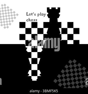 Sfondo scacchistico bianco e nero. Disegno del volantino per sfondo a scacchi illustrativo. Post per il torneo di scacchi, concetto di giorno degli scacchi Illustrazione Vettoriale