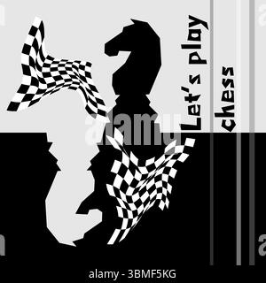 Sfondo scacchistico bianco e nero. Disegno del volantino per sfondo a scacchi illustrativo. Post per il torneo di scacchi, concetto di giorno degli scacchi Illustrazione Vettoriale
