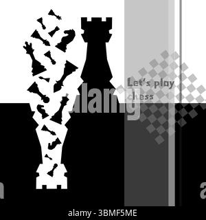 Sfondo scacchistico bianco e nero. Disegno del volantino per sfondo a scacchi illustrativo. Post per il torneo di scacchi, concetto di giorno degli scacchi Illustrazione Vettoriale