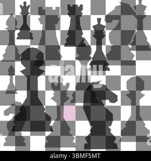 Sfondo scacchistico bianco e nero. Disegno del volantino per sfondo a scacchi illustrativo. Post per il torneo di scacchi, concetto di giorno degli scacchi Illustrazione Vettoriale